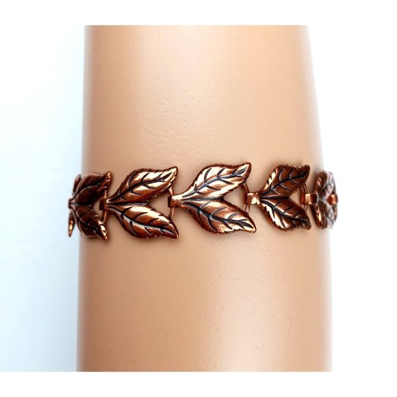 Vintage Bracelet Copper Double Leaf Link Leaves Botanical Fall Vine Sister Clasp - Picture 4 of 6